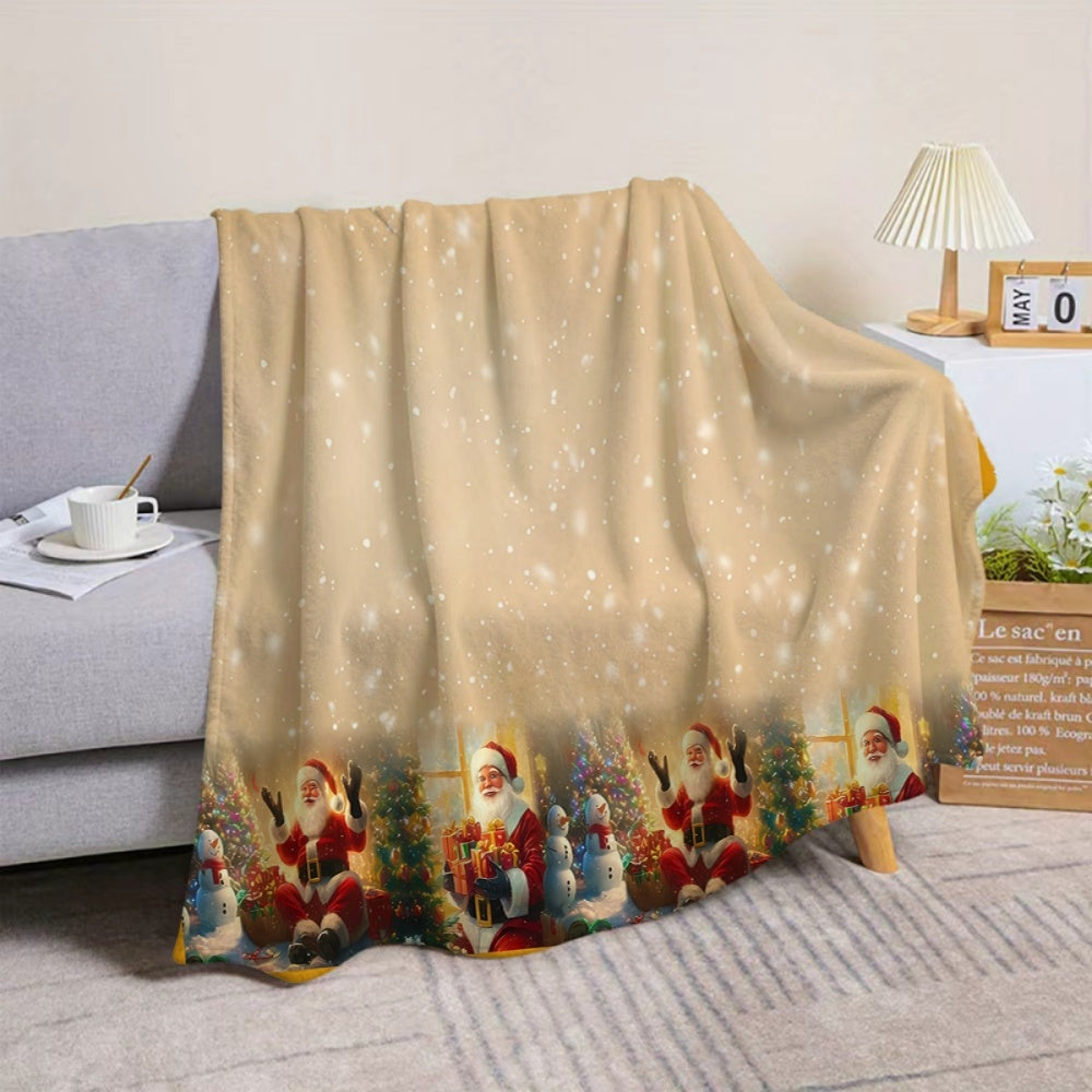 Santa Claus and Snowman Pattern Golden Flannel Blanket, Soft, Comfortable, and Warm, Festive Design, Durable Plush Surface, All-Season Universal Sofa Blanket, Warm Throw Blanket, Multiple Sizes Available, Suitable for Living Room, Bedroom