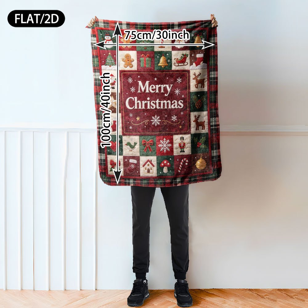 Flat/2D Digital Printing Flannel Blanket Cover Blanket, Retro Country Style Christmas Grid Patchwork Snowman Gingerbread Man Santa Claus Elk Bell Christmas Tree Pattern, Soft, Comfortable And Warm Skin-Friendly, Suitable for Bedroom