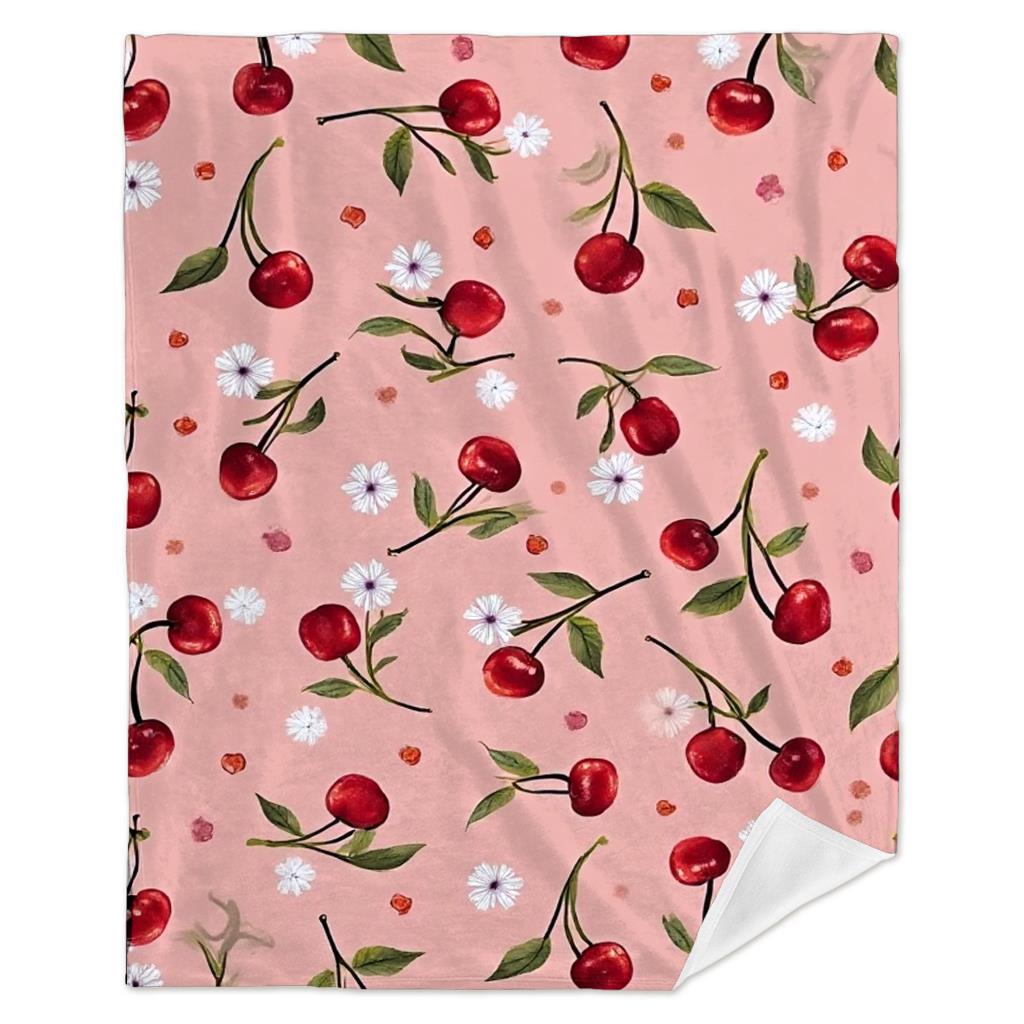 1pc a Flannel Blanket Featuring Cherry Blossoms And Cherry Prints - a Soft, Lightweight Throw Suitable for All Seasons, in Pink with Red Cherries And White Flowers. It'S a Modern Perfect for a Sofa,, Or Camping