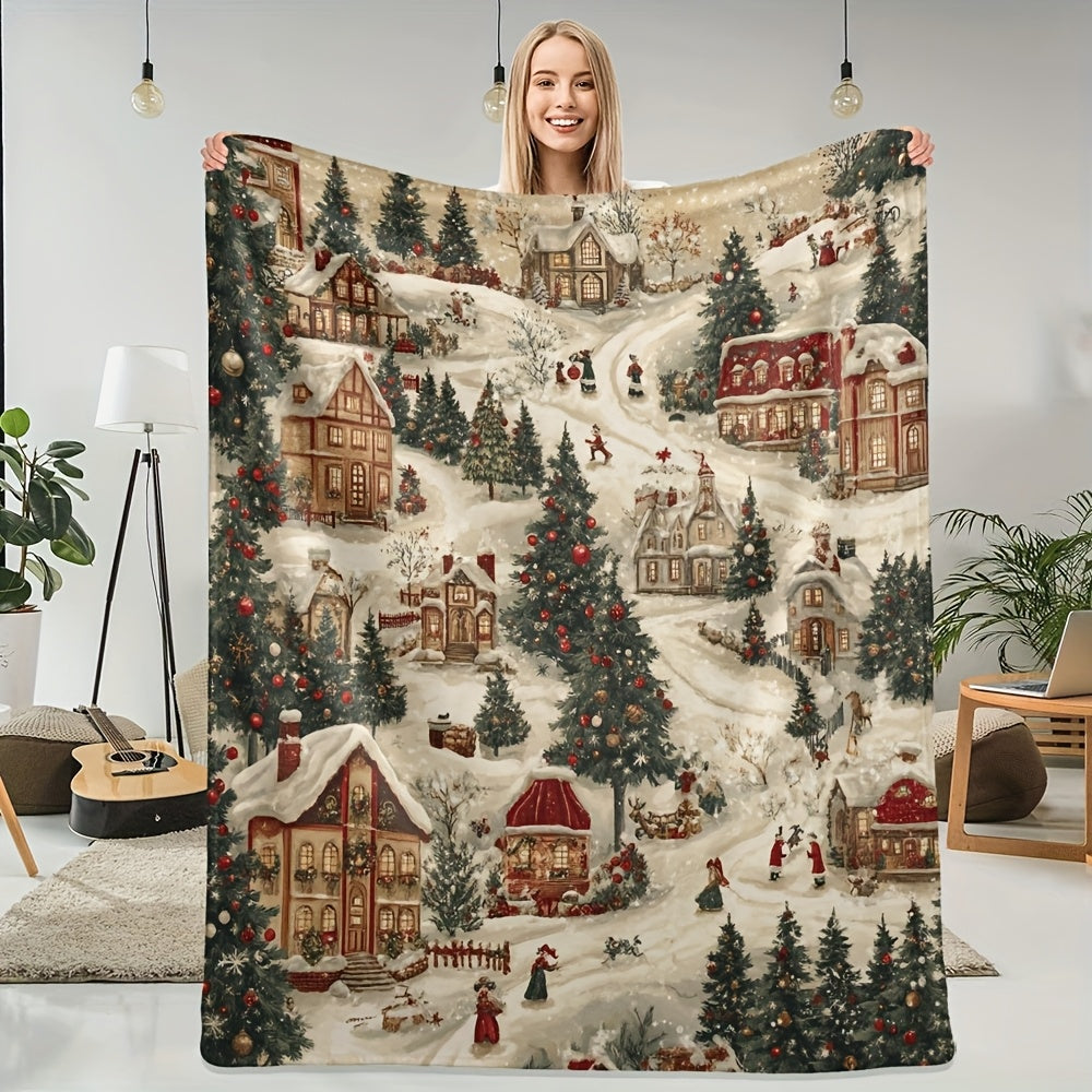 1pc of Christmas Snow Village Flannel Blanket - Comfortable and Warm for All Seasons, Festive Village Pattern Design, Soft and Warm Sofa, Essential for Travel and Camping, Modern Holiday Decoration, Plush Fabric, Exclusive to Camping Enthusiasts