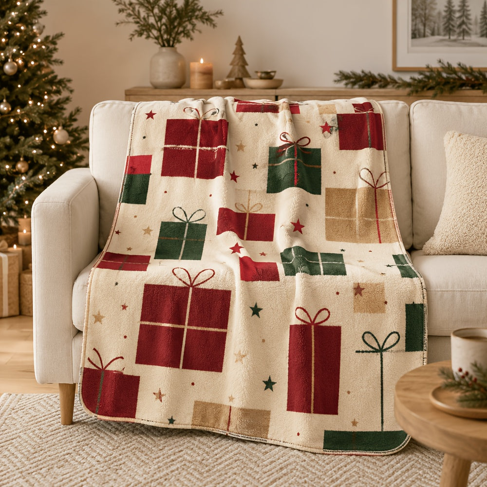 Blanket, Christmas Gift Geometric Block Blanket, Crimson Forest Green Gift Box Star Dot Pattern Soft Blanket, Living Room Sofa Bedroom Autumn And Winter Warm Holiday Home Decoration Blanket