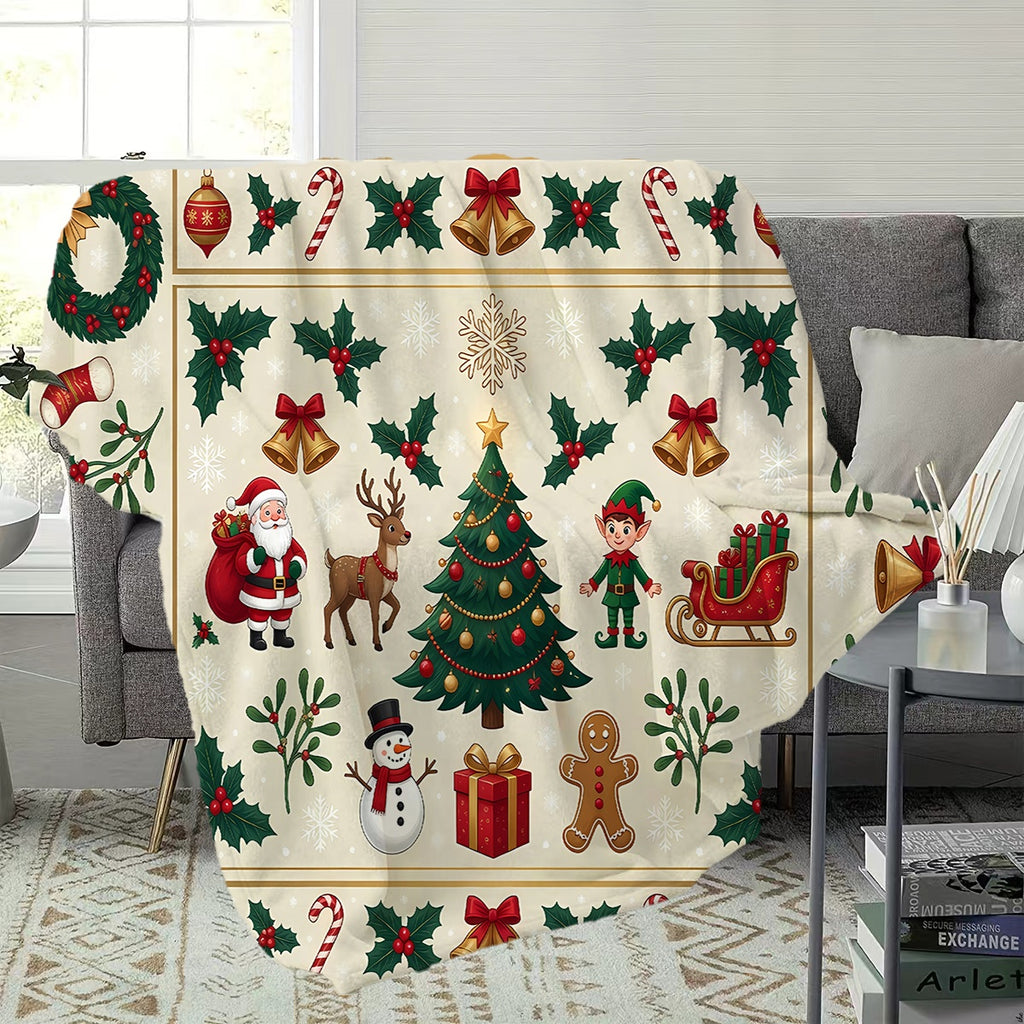 1pc, Santa And Reindeer Pattern Christmas Theme Flannel Blanket, Soft Comfortable Warm, Beige Design, Durable Plush, All-Season Sofa Blanket, Warm Cover, Multiple Sizes Available, Suitable for Living Room Sofa, Bedroom, Reading Corner