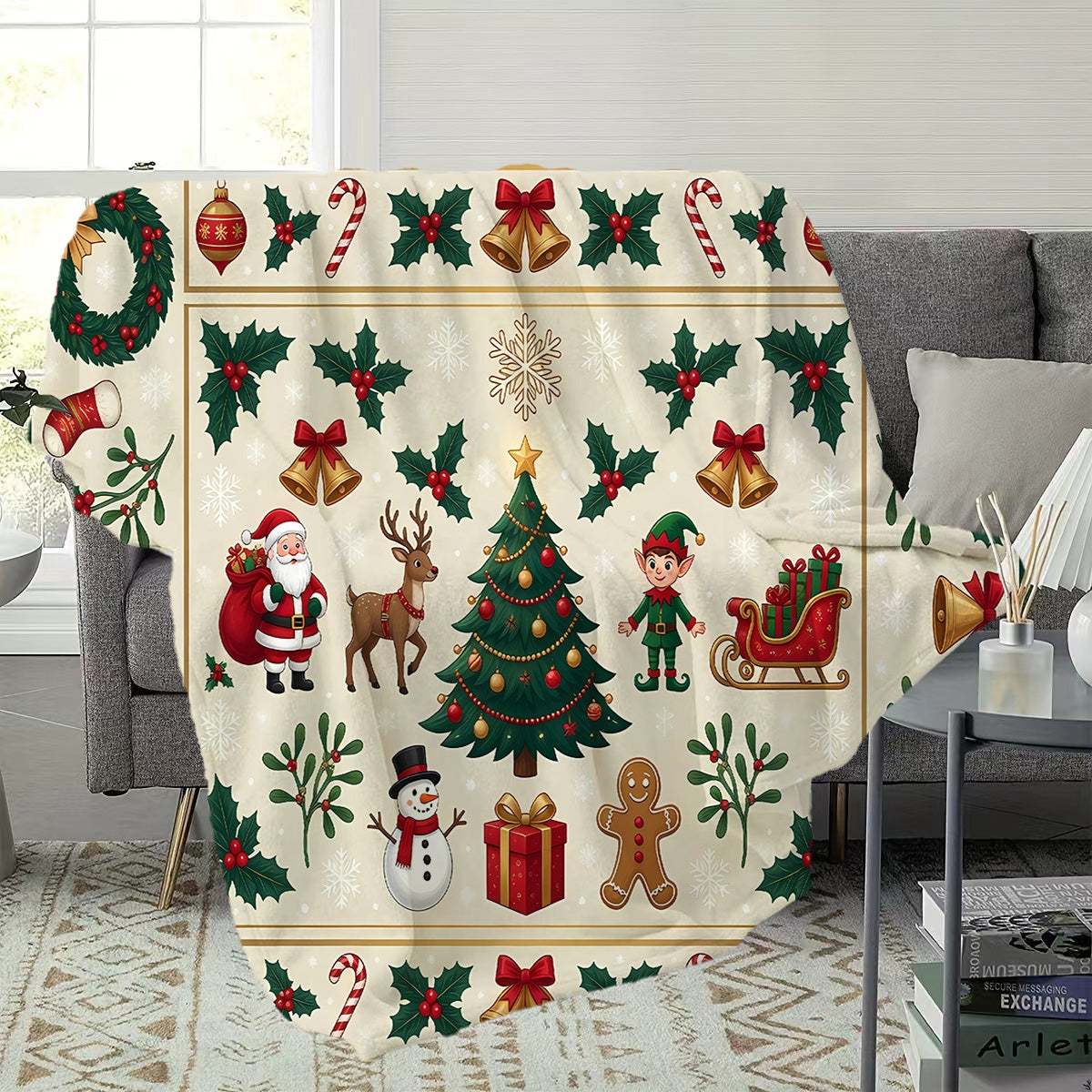 1pc, Santa And Reindeer Pattern Christmas Theme Flannel Blanket, Soft Comfortable Warm, Beige Design, Durable Plush, All-Season Sofa Blanket, Warm Cover, Multiple Sizes Available, Suitable for Living Room Sofa, Bedroom, Reading Corner