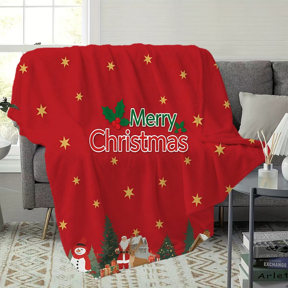 1pc of Christmas-themed Flannel Blanket with Red Stars and Snowman Pattern, Soft, Comfortable, and Warm, Featuring a Festive Design. A Versatile All-season Sofa Throw and Warm Cover Blanket, Available in Multiple Sizes. Suitable for Living Room