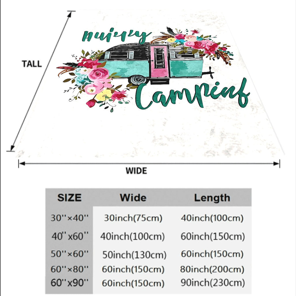 1pc Hurry Camping Soft Flannel Blanket Floral Decorated Teal And Pink Camper Design, Cozy All-Season Throw for Couch Bed, Travel And Outdoor Lover Gift, Lightweight Plush Fleece Fabric for Warmth