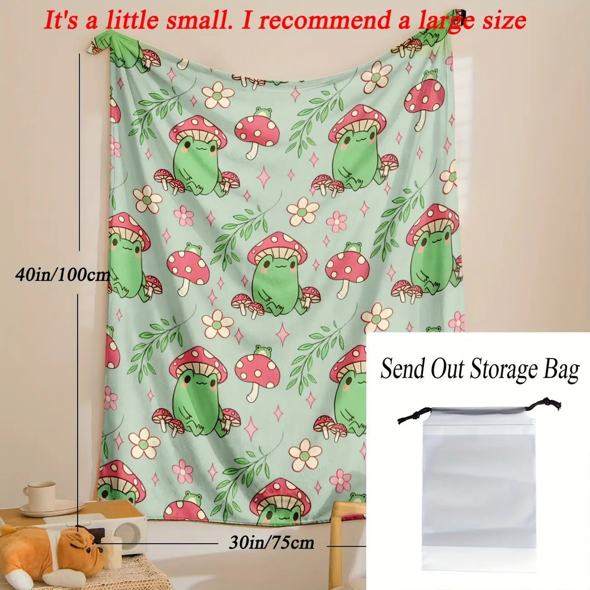 Soft & Cozy Frog & Mushroom Print Flannel Blanket Suitable for Naps, Office, Travel - Cute Frog & Mushroom, Soft Flannel, Compact Portable Cover, Ideal Gift for &
