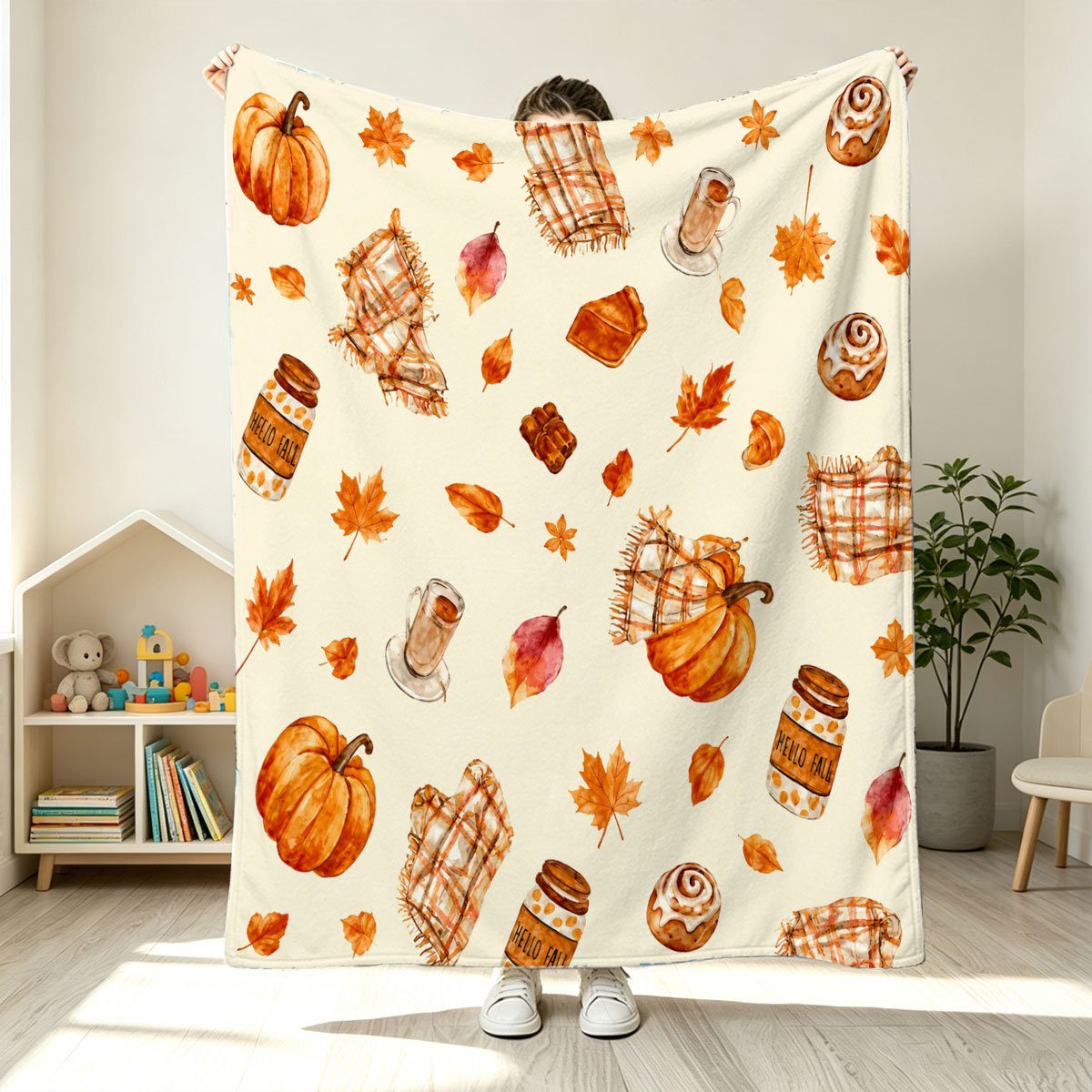 1pc Watercolor Autumn Pumpkin Maple Leaf Dessert Outdoor Blanket, Ideal Warm Throw Blanket, Family Gift, Birthday Gift, Halloween Gift, Christmas Gift, Thanksgiving Gift,  Gift, Can Be Given as a Gift Blanket to Best Friends, Outdoor Blanket