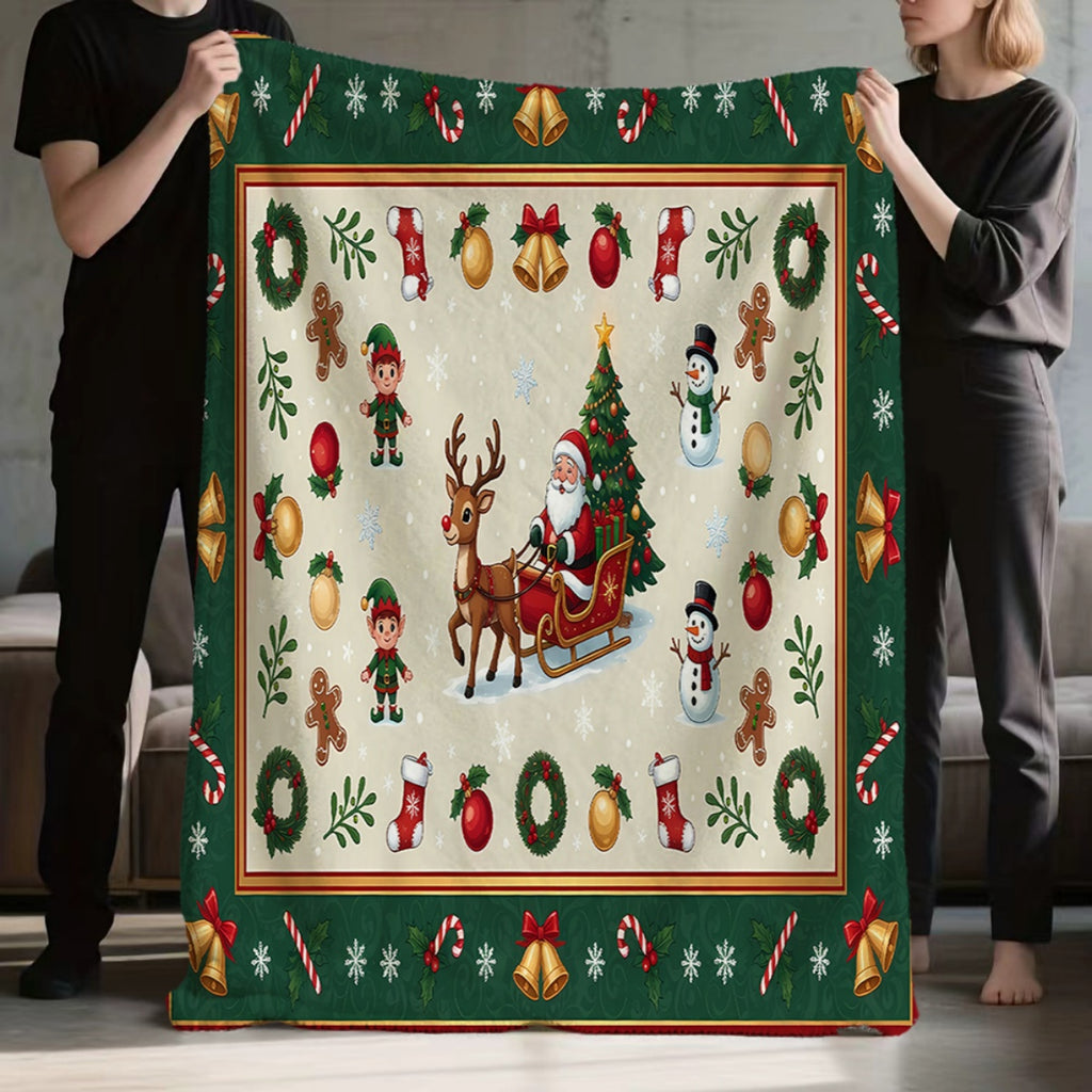 1pc, Santa Claus Sleigh and Reindeer Pattern Flannel Blanket with Green Border Design, Soft, Comfortable, and Warm, Winter Thermal Throw Blanket, Suitable for Living Room Sofas, Bedroom Sofa, Reading Areas, Rest Areas, and Holiday Decorations