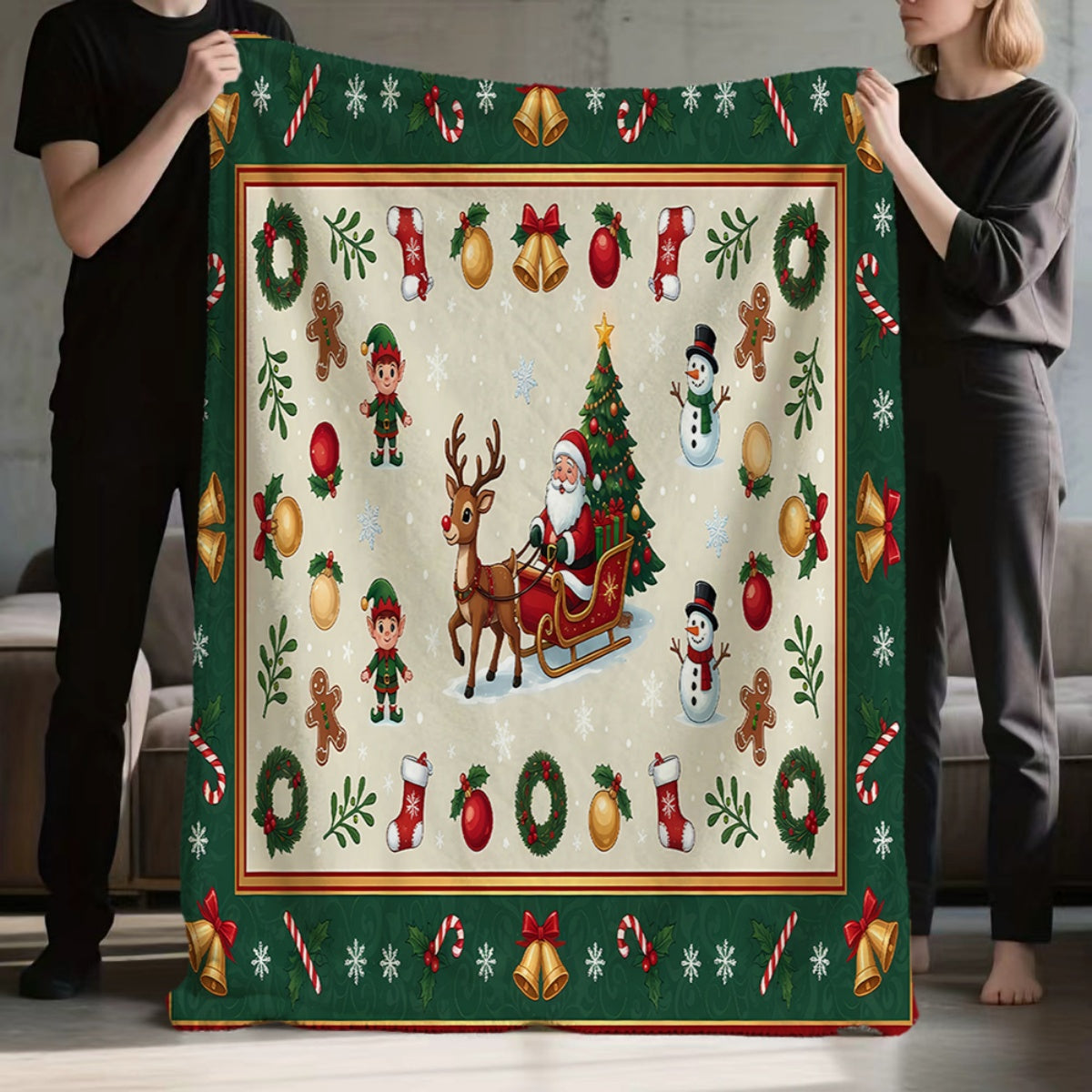 1pc, Santa Claus Sleigh and Reindeer Pattern Flannel Blanket with Green Border Design, Soft, Comfortable, and Warm, Winter Thermal Throw Blanket, Suitable for Living Room Sofas, Bedroom Sofa, Reading Areas, Rest Areas, and Holiday Decorations
