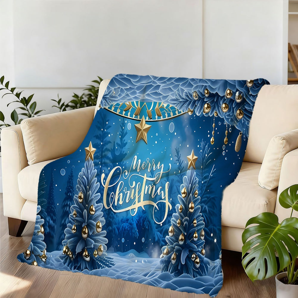 1pc Christmas Blue Pine Tree And Golden Star Pattern Flannel Blanket, Soft Comfortable Warm, Deep Blue Main Color Design, All-Season Sofa Blanket, Warm Cover, Multiple Sizes Available, Suitable for Living Room Sofa, Bedroom, Reading Corner