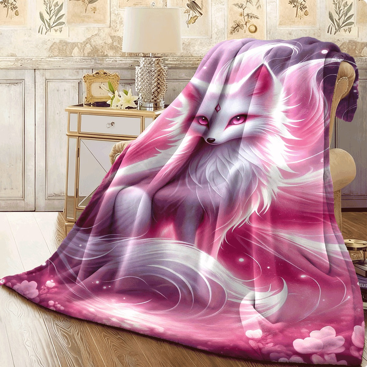 1pc Charming Nine-Tailed Fox Flannel Throw Blanket Soft Lightweight And Allergy-Friendly for Couch Camping And Travel Perfect Gift for Friends And Family