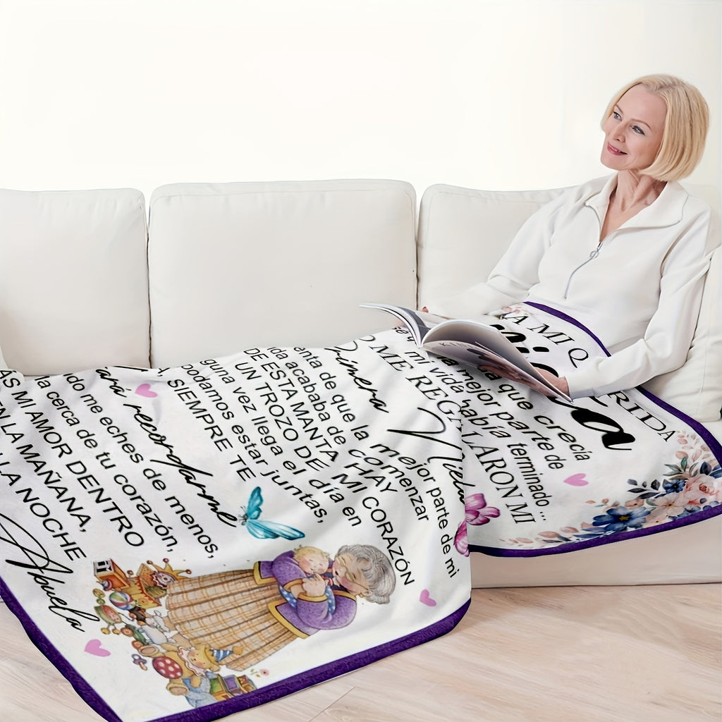 1pc of Butterfly Floral Design Spanish Letter Throw Blanket, a Gift Blanket for My Granddaughter from Grandma, Soft And Cozy Flannel Blankets, Lightweight Fuzzy Print Blanket Suitable for Couch, Sofa, Bed, Office, Travel, Camping Chair