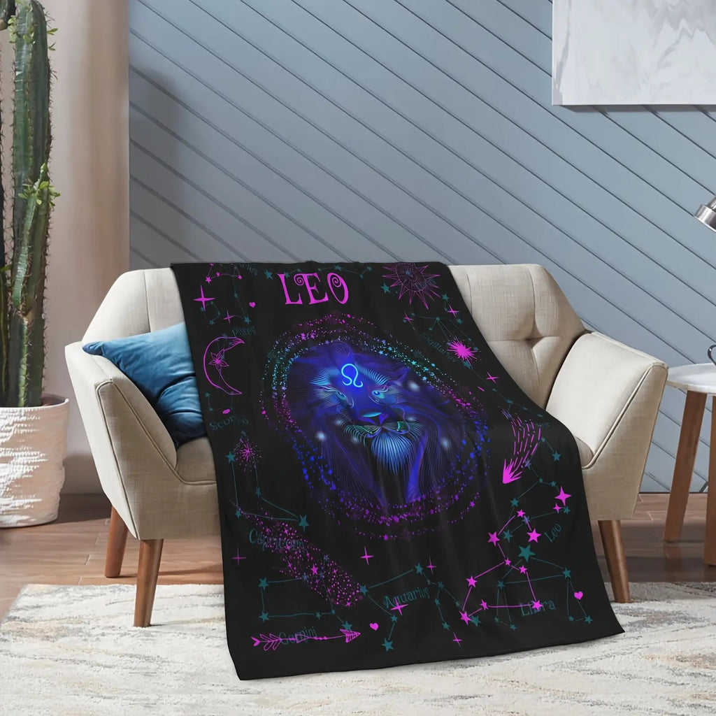 1pc a Leo-Themed Zodiac Constellation Blanket Featuring Stars And Astrological Symbols, Measuring 60 Inches by 80 Inches. This Soft Flannel Throw Is Suitable for All Seasons And Can Be Used for Camping Or As Home Decor. It Makes a Great Birthday Or