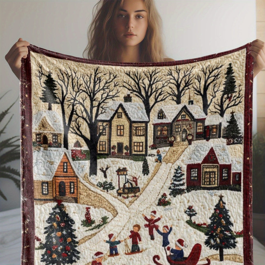 1pc 2D Flat Printing Christmas Snowscape Blanket, Soft Fleece Blanket, Beige And Red Design, All-Season Warm Throw, Multiple Sizes Available, Suitable for Living Room Sofa, Bedroom Headboard, Balcony Leisure, Holiday Decor, And Reading Nook