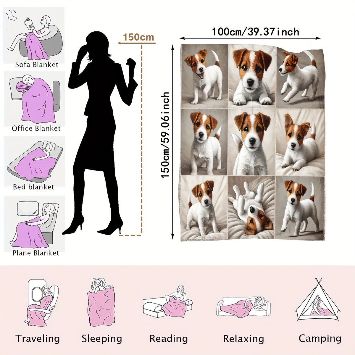 1pc Jack Russell Terrier Pattern Flannel Blanket, Soft Comfortable Warm, Beige And Brown Design, Durable Plush, All-Season Bed Blanket, Warm Cover, Multiple Sizes Available, Suitable for Living Room Sofa, Bedroom Bed, Reading Corner, Leisure Time