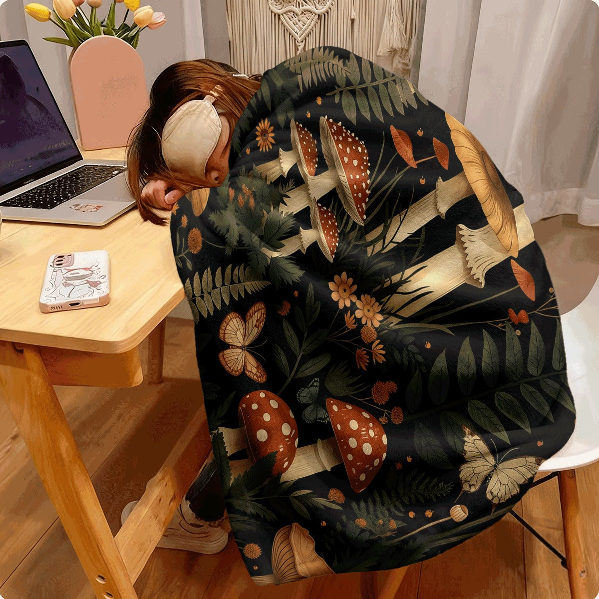 A Single Piece of a Cozy Flannel Blanket Designed for Autumn Woods, Featuring Designs of Mushrooms, Foliage, And Butterflies, Highlighting The Splendor of Nature'S Ecosystem, Soft And Comfy, Ideal for Various Uses