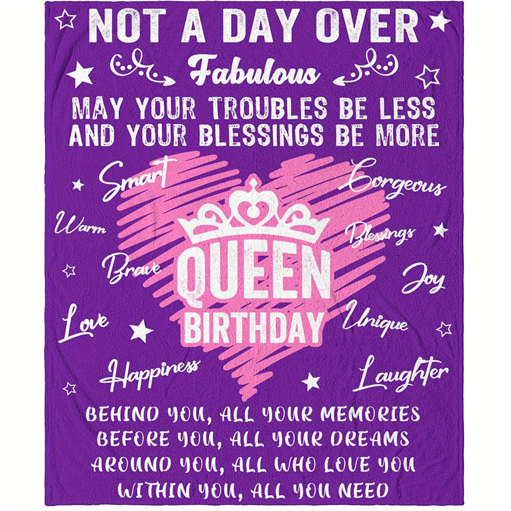 1pc Queen Birthday Flannel Blanket - Royal Purple with Pink & White Accents, Heartfelt Messages & Crown Design, All-Season Soft Throw Gift for Women, Mom, Daughter, Sister, Friends, Girlfriend, Sentimental Keepsake, Playful Design, Cozy Fabric, Keepsake I