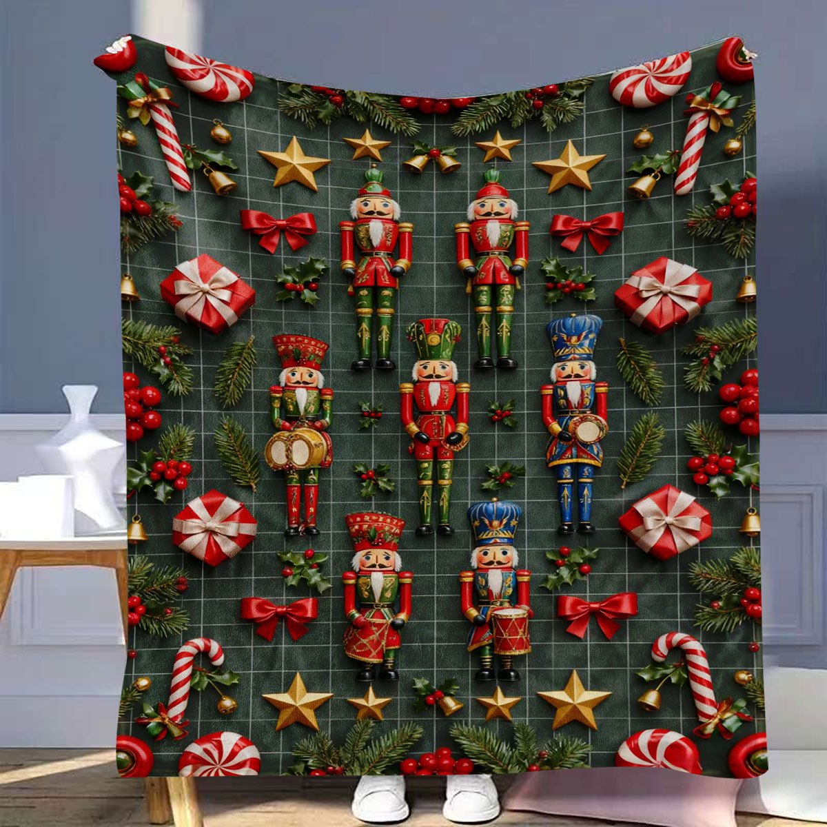 Christmas Nutcracker and Holiday Gift Themed Green Flannel Blanket, Soft, Comfortable, and Warm, Red and Golden Decorative Style Design, Durable Plush Surface, All-Season Universal Bed Blanket, Warm Throw Blanket, Multiple Sizes Available