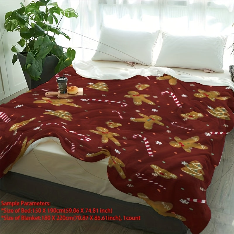 1pc Christmas Gingerbread Man And Candy Cane Red Background Flannel Blanket, Soft Comfortable Warm, Red Festive Design, Durable Plush, All-Season Bed Blanket, Warm Cover, Multiple Sizes Available, Suitable for Living Room Sofa, Bedroom Bed