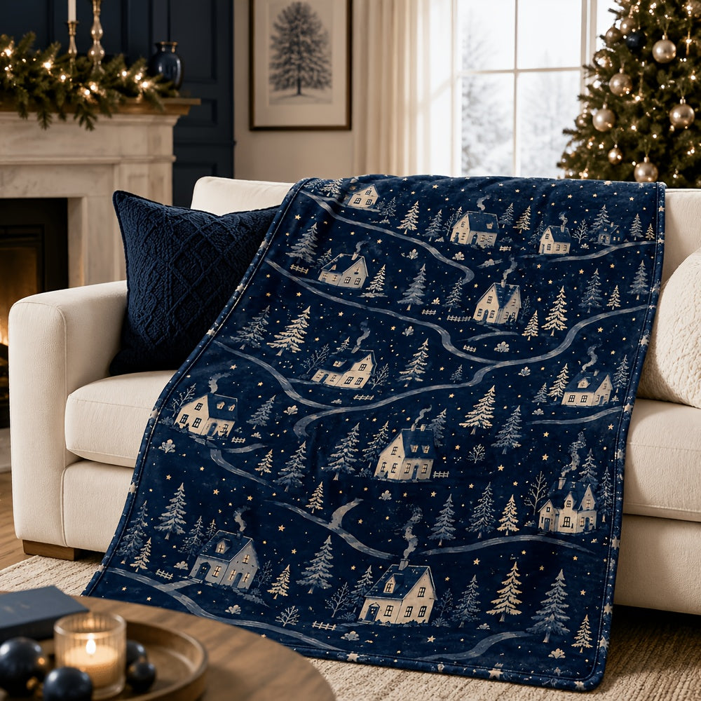 Blanket, Dark Blue Snow Night Town Blanket, Winter Snow House Pine Forest Christmas Wind Soft Blanket, Living Room Sofa Bedroom Autumn and Winter Warm Home Decoration Blanket