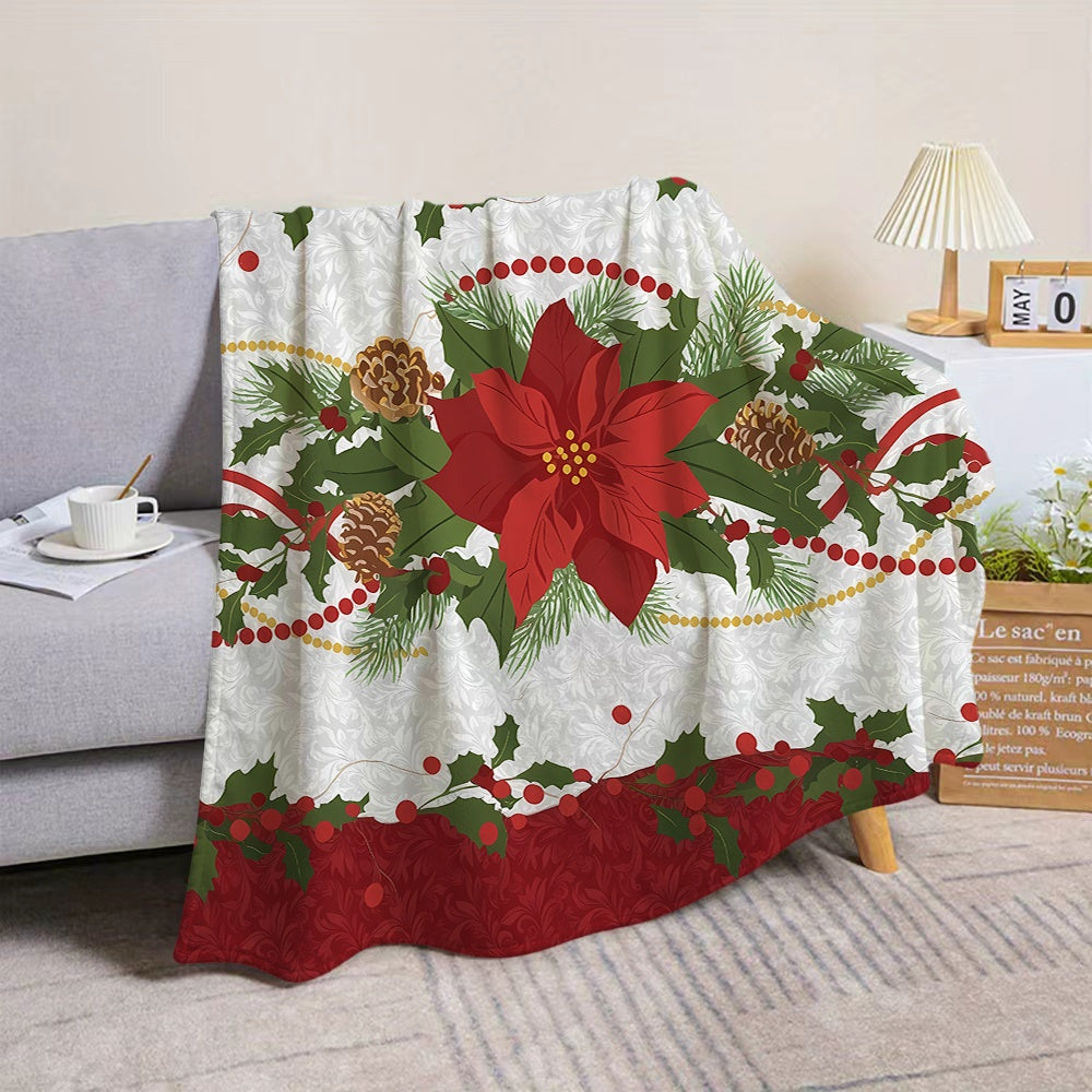 1pc Christmas Floral and Pinecone Pattern Flannel Blanket, Soft, Comfortable, and Warm, with a Red, White, and Green Design. A Four-season Universal Blanket and Warm Throw, Available in Multiple Sizes. Suitable for Living Room Sofas