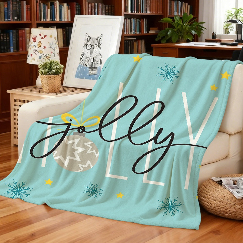 1pc Christmas "JOLLY" Theme Light Blue Flannel Blanket, Festive Decor Design, Soft Plush All-Season Use, Suitable for Reading Time, Seasonal Home Use, And Weekend Sofa Naps