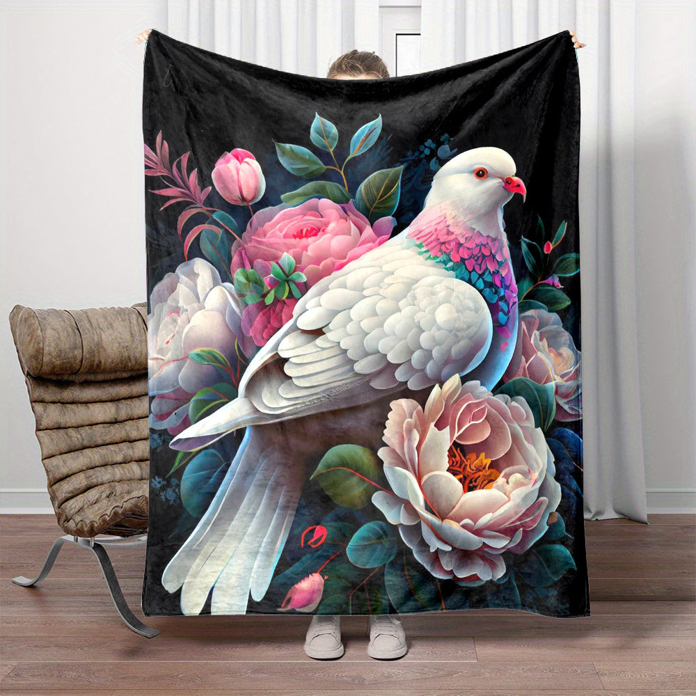 1pc 2D Flat-printed Peace Dove and Peony Flower Blanket, Soft Flannel Blanket¡ªBlack Background Floral Design, Multiple Sizes Available, Suitable for Camping, Picnics, Reading, Rest, and Home Use, 2D Flat