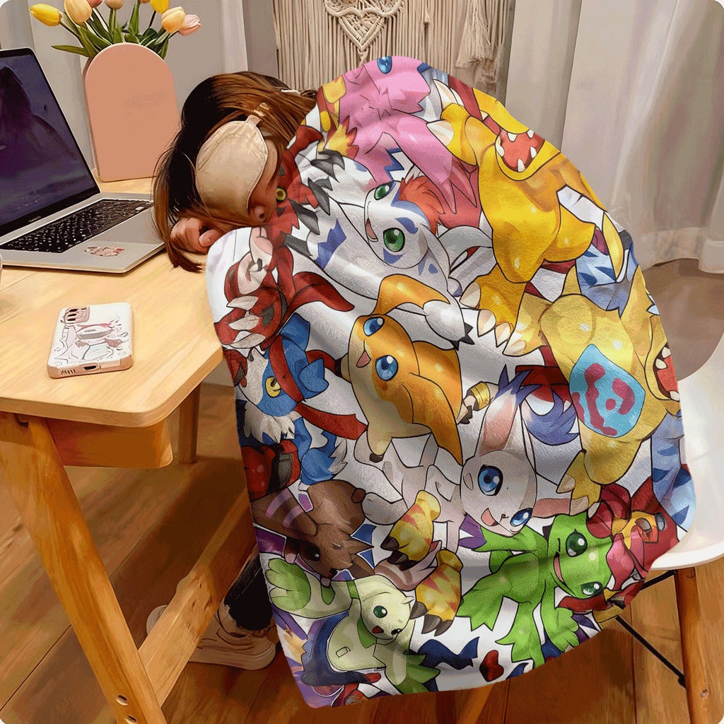 1pc 1pc, 230GSM Fashion Digimon Pattern Blanket, Comfortable And Warm, Easy to Clean And Durable, Suitable for Use, Outdoor Camping, Adventure, Picnics, Dormitories, Air-Conditioned Rooms, Sofa And Bed
