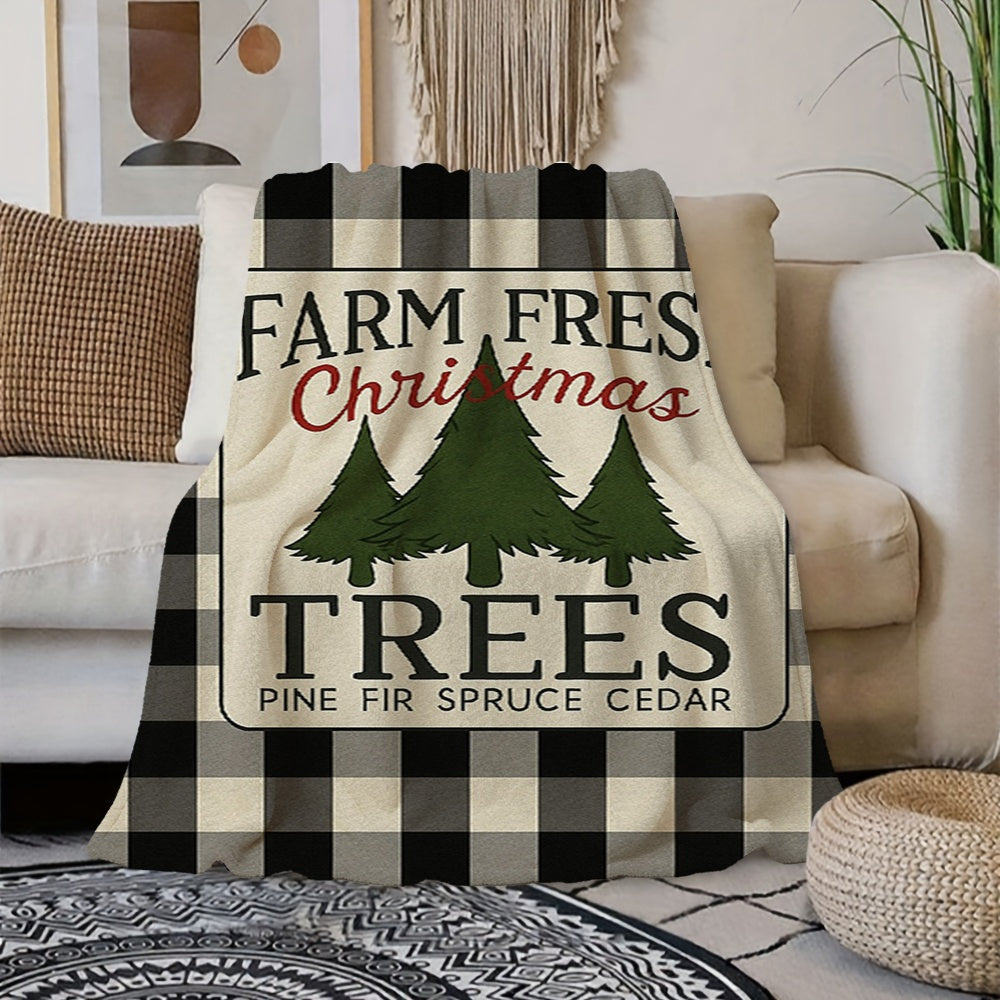 1pc Christmas Pine Tree And Text Pattern Cream Beige Flannel Blanket, Festive Warm Design, Soft Plush All-Season Use, Suitable for Weekend Sofa Naps, Reading Time, And Dorm Life
