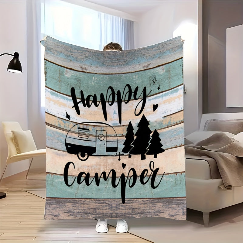 Warm Flannel Throw Blanket Showcasing a Cheerful Camper Motif, Washable in a Machine, Designed with Quilted Features, Digitally Printed, Suitable for Any Season, Made from Polyester, Ideal for Sofas And Beds