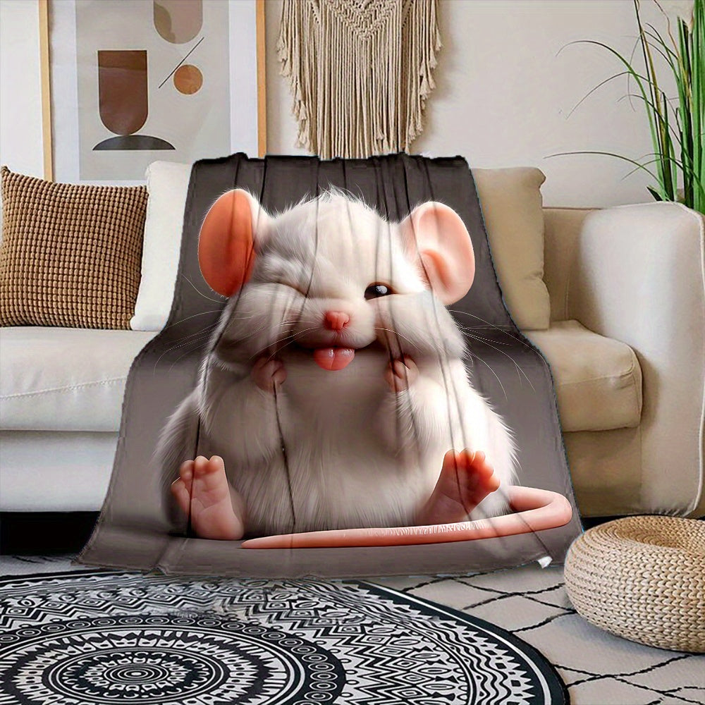 1pc 2D Flat-printed Cute Mouse Sticking Out Tongue Themed Blanket, Soft Flannel Throw¡ªdark Gray Design, Multiple Sizes Available, Suitable for Living Room, Bedroom, Sofa,, and Leisure Reading, 2D Flat
