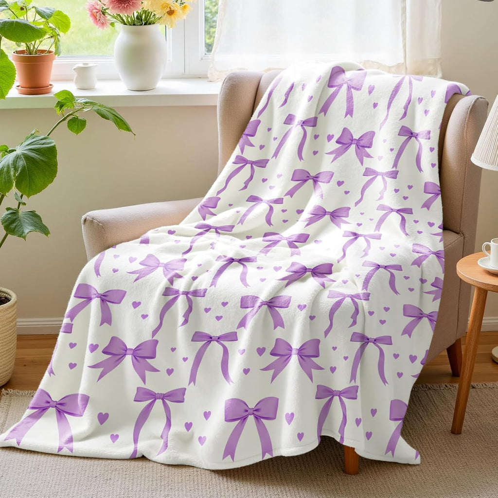 for Lotus Karen Bow Blanket 60x80 Inch Soft Lightweight Flannel Throw Blanket with Purple Bow Christmas Birthday Valentine's Day Gifts for Girls Women Coquette Preppy Decor for Bedroom Dorm Bed Sofa