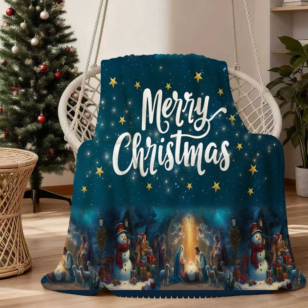 1pc Christmas Themed Flannel Blanket with Stars and Nativity Scene, Soft, Comfortable, and Warm, Deep Blue Starry Sky Design, Durable Plush Surface, All-Season Sofa Blanket, Warm Throw Blanket, Multiple Sizes Available, Suitable for Living Room