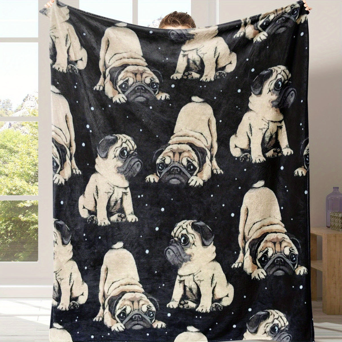 1pc 2D Flat Print Pug Dog Starry Sky Themed Blanket, Soft Flannel Blanket¡ªblack Starry Sky Design, Multiple Sizes Available, Suitable for Living Room, Bedroom, Sofa, Couch, and Reading Area, 2D Flat