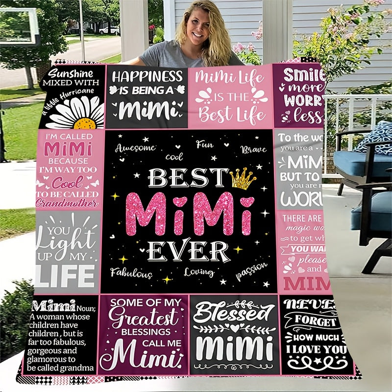 1pc Cozy Best Mimi Ever Pink Plaid Patchwork Flannel Throw Blanket- Soft, Warm, and Stylish with Heartfelt Quotes- Perfect for Sofa, Bed, Office, and Travel- Ideal Gift for Birthdays and Holidays, Travel Accessory| Playful Design| Flannel Blanket,