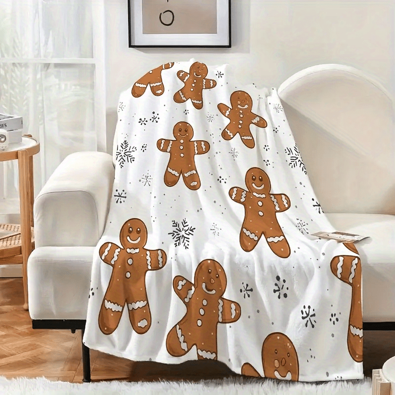 1 Comfortable Flannel Christmas Blanket - White with Holiday Gingerbread Man And Snowflake Pattern, Four Seasons Sofa, Home Decor, Machine Washable, Christmas Shawl, Snowflake Print, Durable Material, Winter Comfort Choice