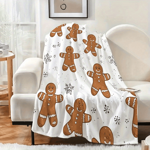 1 Comfortable Flannel Christmas Blanket - White with Holiday Gingerbread Man And Snowflake Pattern, Four Seasons Sofa, Home Decor, Machine Washable, Christmas Shawl, Snowflake Print, Durable Material, Winter Comfort Choice