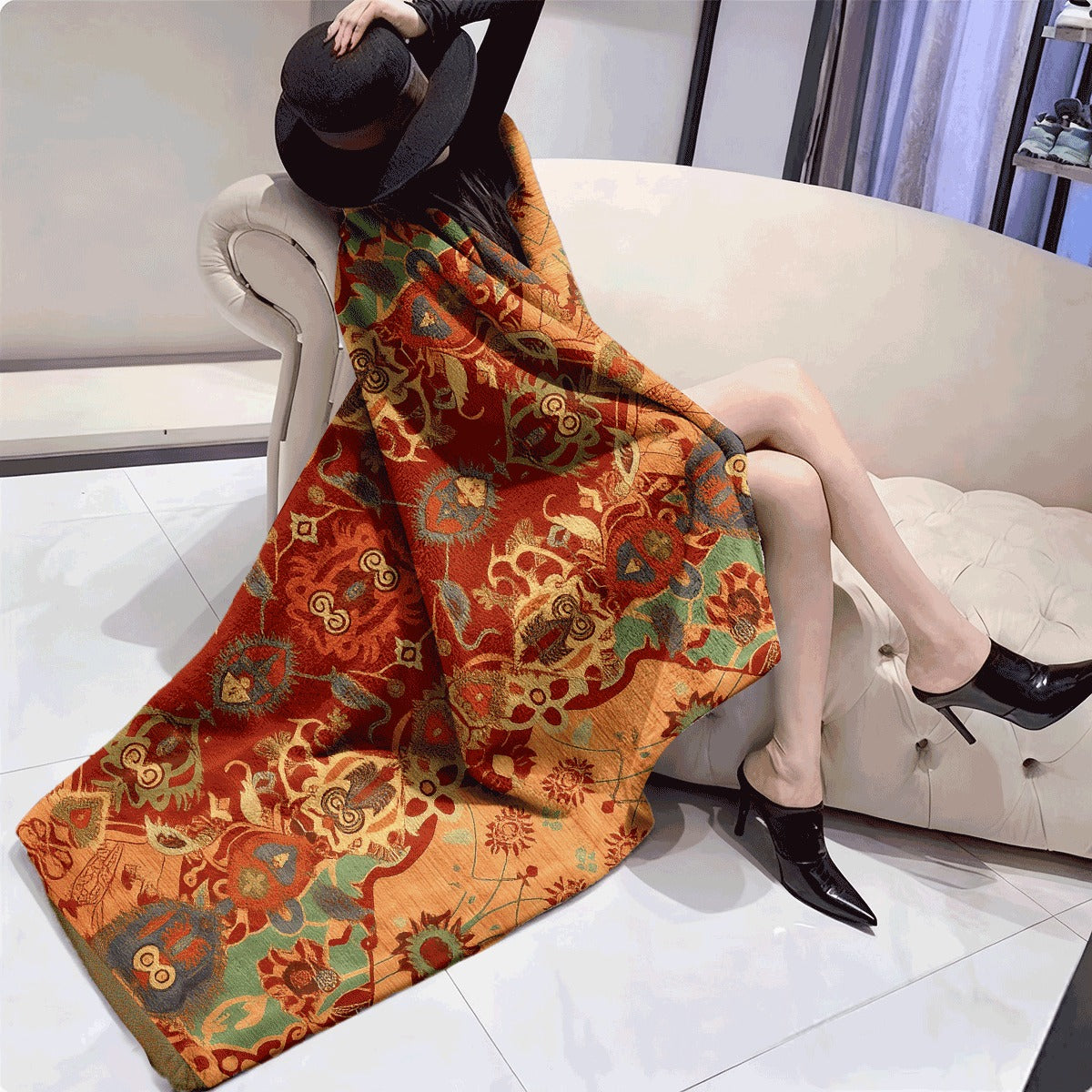 1pc A Vintage Bohemian Moroccan Style Blanket Ultra-Soft And Comfortable in Orange with Traditional Eastern Design Featuring a Single-Sided Print Suitable for S Sofas And Home Office Naps
