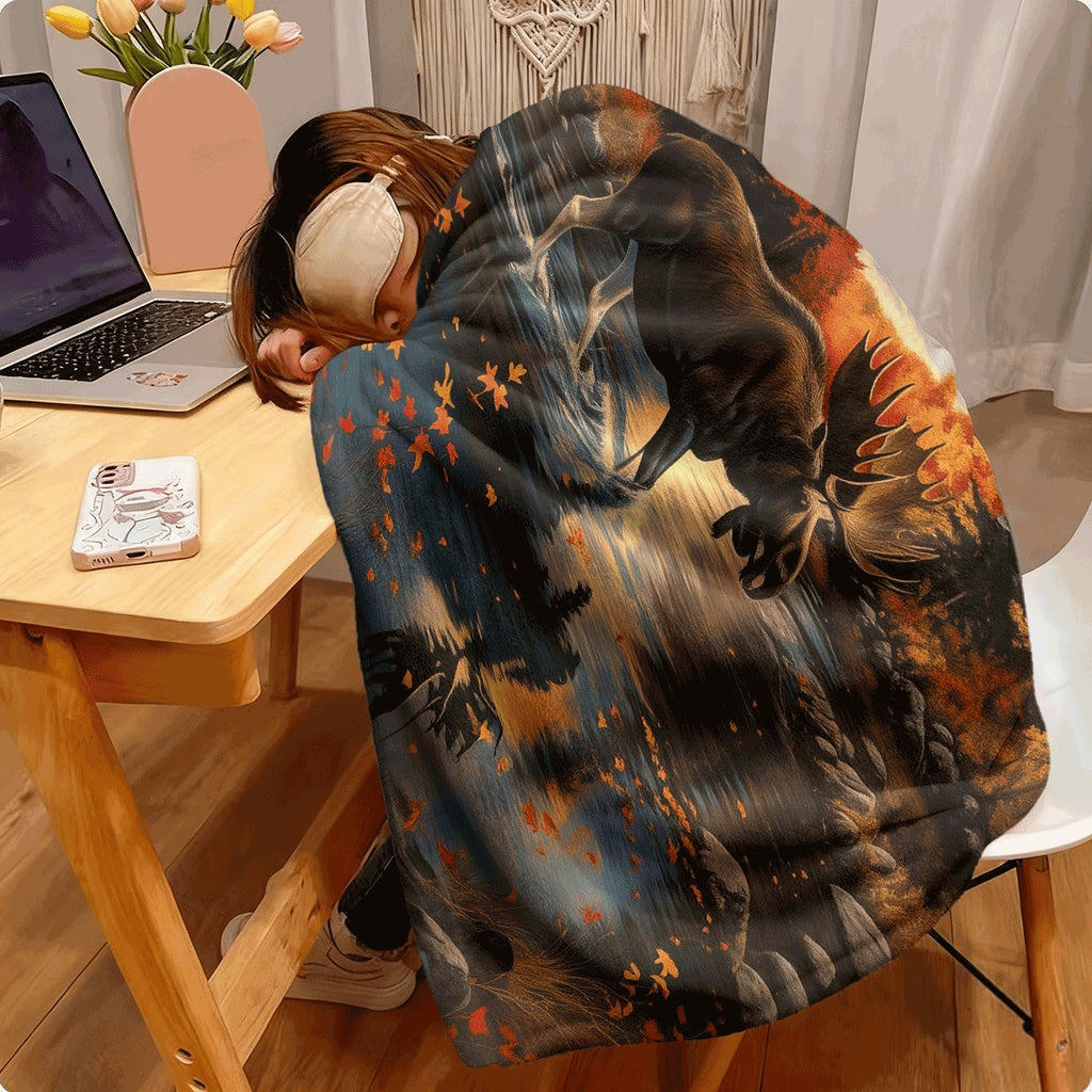 1pc Soft Warm Flannel Throw Blanket Moose in Autumn Forest with Fall Foliage All-Season Couch Office Travel Machine Washable Cozy Gift for Nature Lovers Rustic Cabin Decor in Orange Y