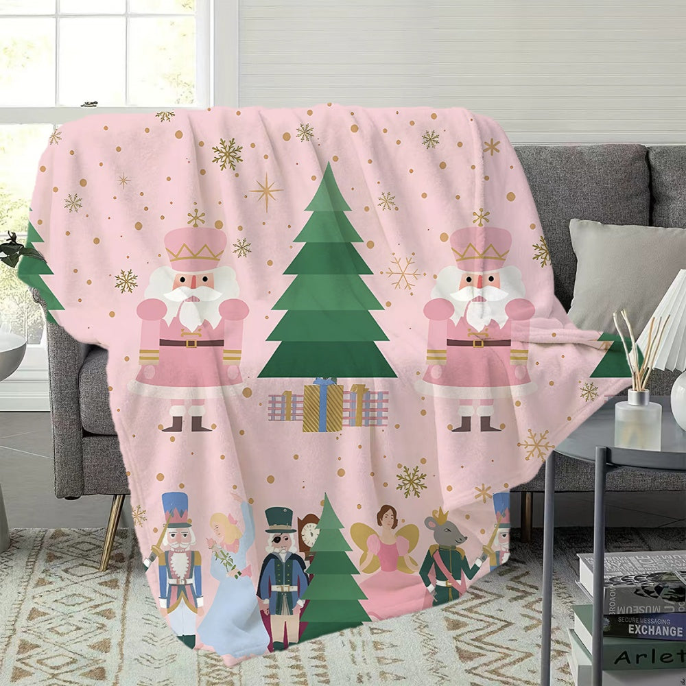 1pc of Christmas-themed Flannel Blanket with Pink and Golden Snowflake Pattern, Soft, Comfortable, and Warm. Pink Design, All-season Sofa Throw, Warm Cover Blanket, Available in Multiple Sizes. Suitable for Living Room Sofas, Bedroom