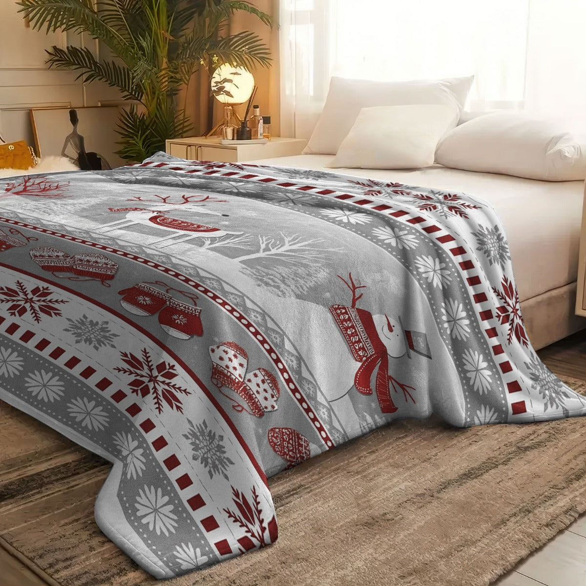 Ultra-Soft Thermal Flannel Blanket in a Comfortable Retro Design with Reindeer And Snowman Motifs, Perfect for Sofas Or Travel. Ideal for Holiday Gifts, This Vintage-Inspired Blanket Features a Holiday Motif