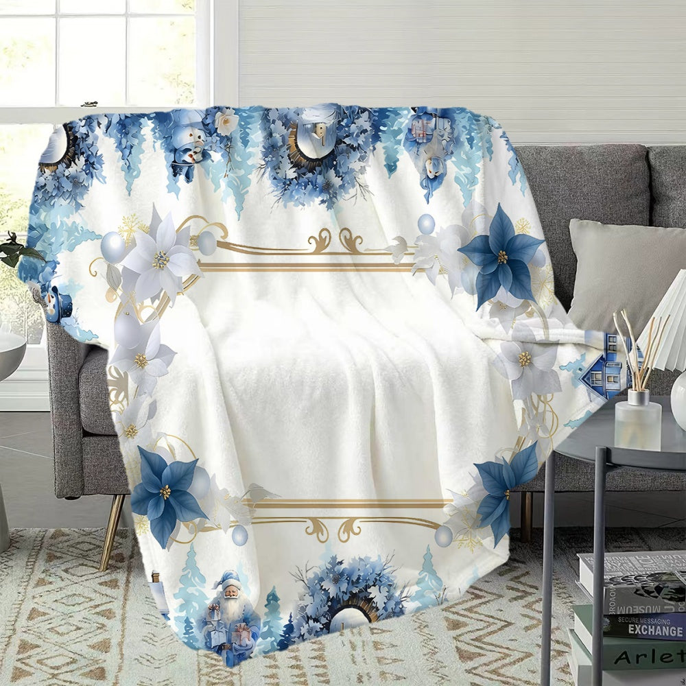 1pc Christmas Blue Golden Floral And Snowman Pattern Flannel Blanket, Soft Comfortable Warm, White Background with Blue And Golden Design, All-Season Sofa Blanket, Warm Cover, Multiple Sizes Available, Suitable for Living Room Sofas, Bedroom