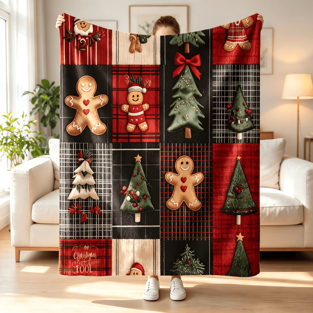 1pc Imitation Embroidered Christmas Tree Bow Gingerbread for Man Piece, Blanket, Delicate Velvet Material Is Soft, Christmas Gift Is Preferred, Long-term Temperature Lock to Resist Autumn and Winter Cold