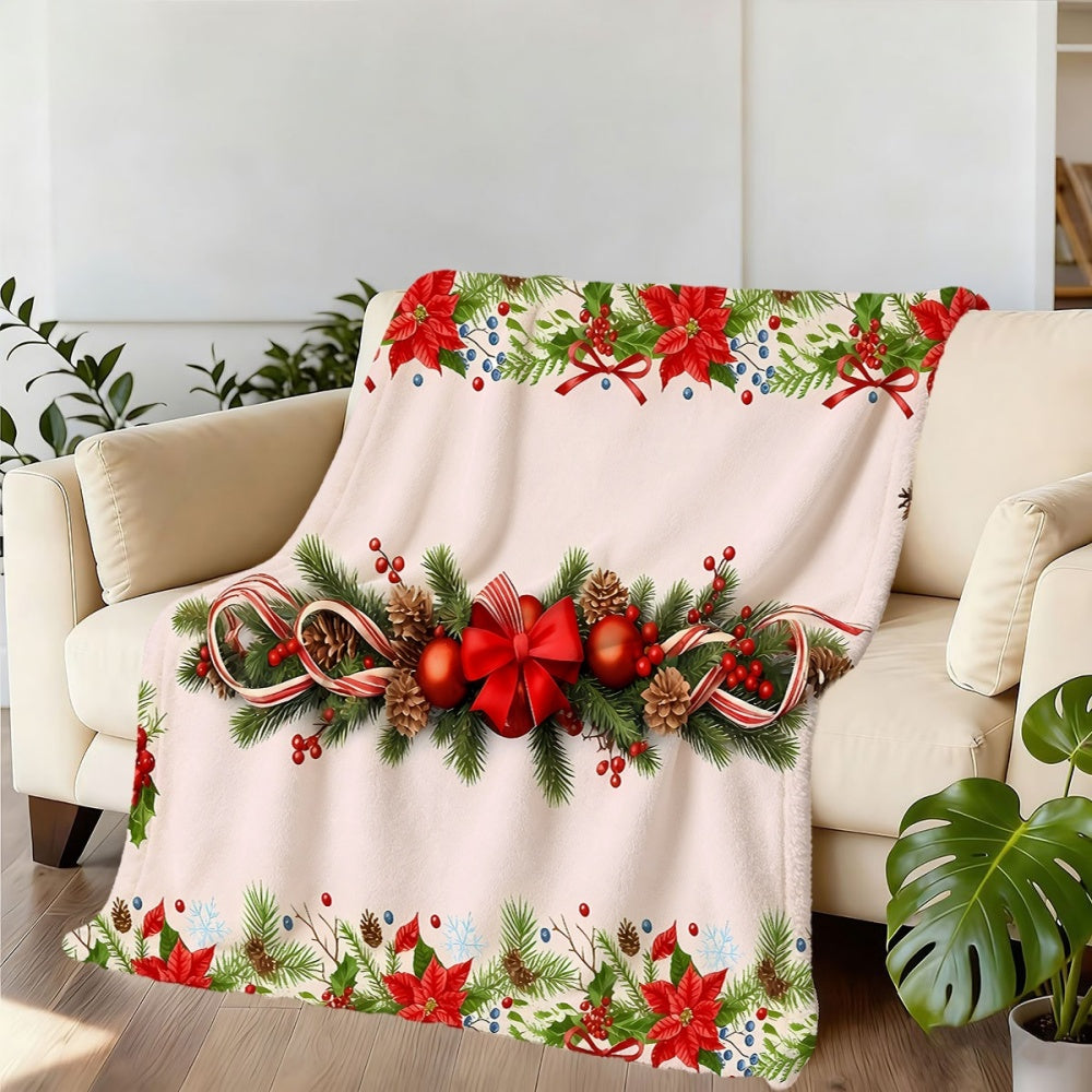 1pc, Christmas Floral And Pinecone Decor Flannel Blanket, Soft Comfortable Warm, White Holiday Design, Durable Plush, All-Season Sofa Blanket, Warm Throw Blanket, Multiple Sizes Available, Suitable for Living Room, Bedroom, Sofa
