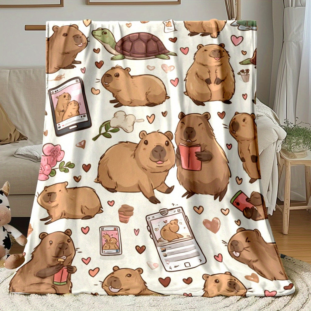 1pc Cute Capybara Patterned Blanket, Cartoon Design, Soft Plush, Flannel Material Lightweight And Durable, Multiple Sizes Available, Ideal for Christmas Holiday Decor And Gifting, Living Room Leisure, Bedroom Warmth, Office Nap
