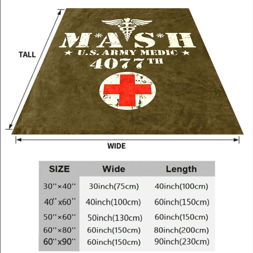 1pc Vintage MASH US Army Medical 4077 Design Flannel Blanket with Caduceus And Red Cross Patterns