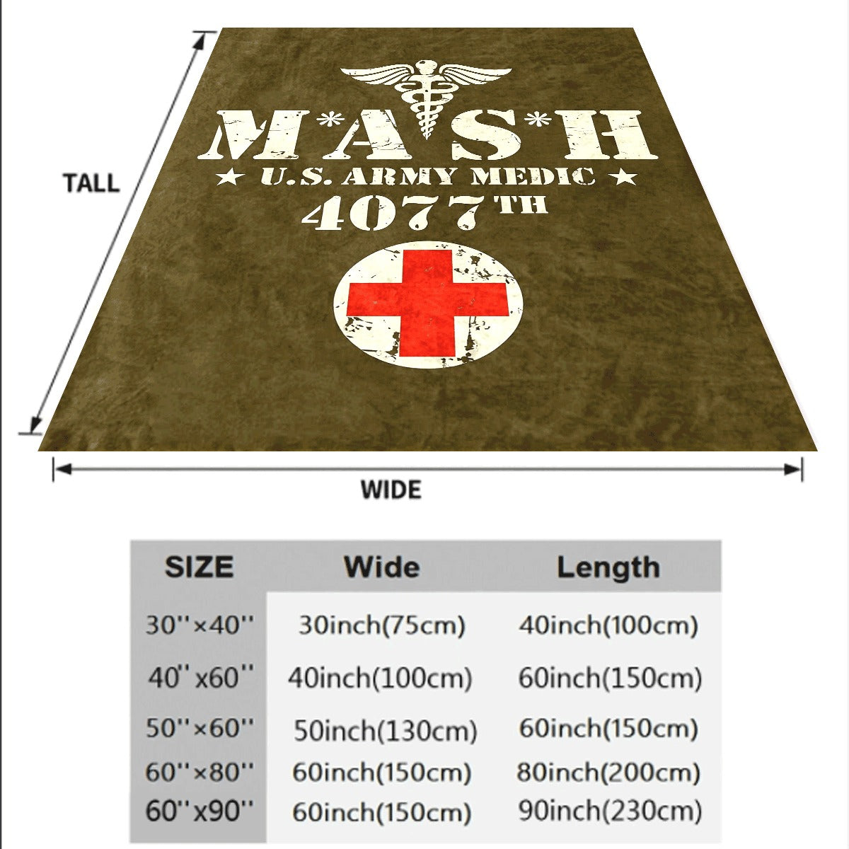 1pc Vintage MASH US Army Medical 4077 Design Flannel Blanket with Caduceus And Red Cross Patterns