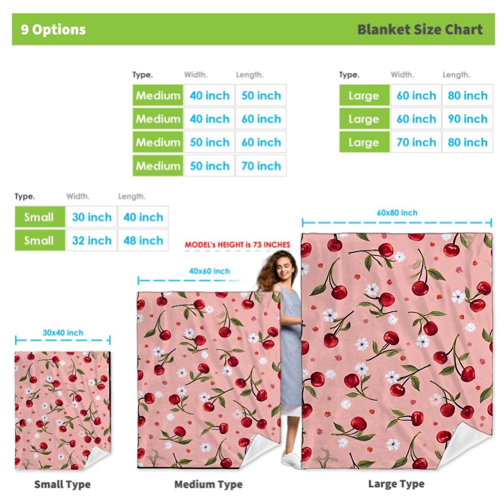 1pc a Flannel Blanket Featuring Cherry Blossoms And Cherry Prints - a Soft, Lightweight Throw Suitable for All Seasons, in Pink with Red Cherries And White Flowers. It'S a Modern Perfect for a Sofa,, Or Camping