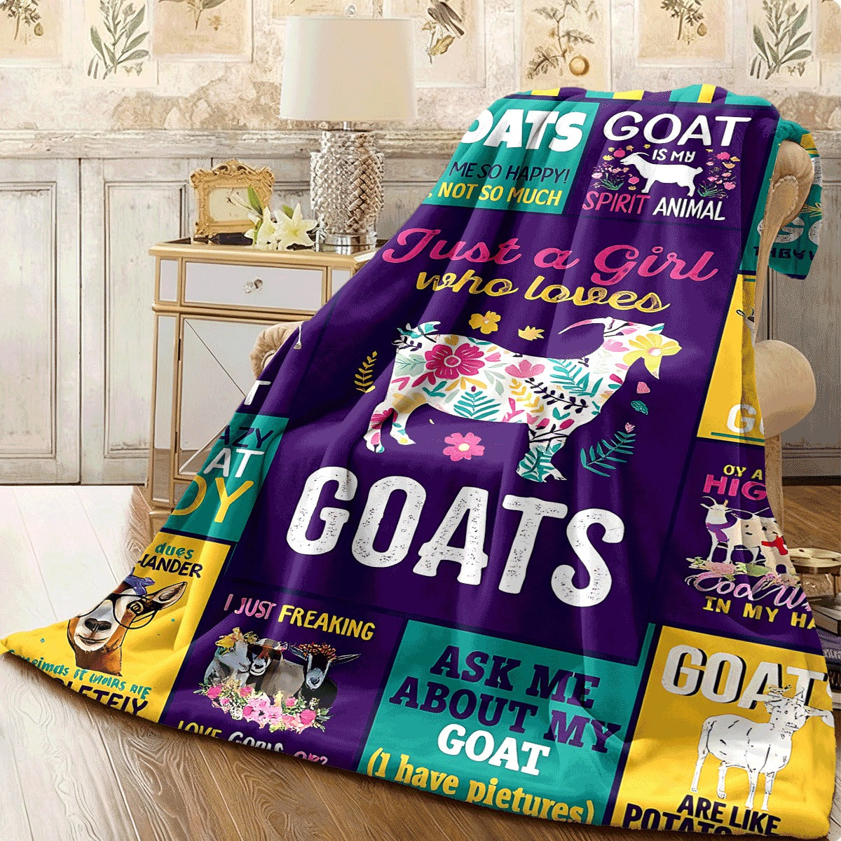 1pc Fun Goat Quote Flannel Blanket Colorful Retro Design with Various Goat Illustrations & Humorous Texts Cozy Soft Throw for Couch Room Decor