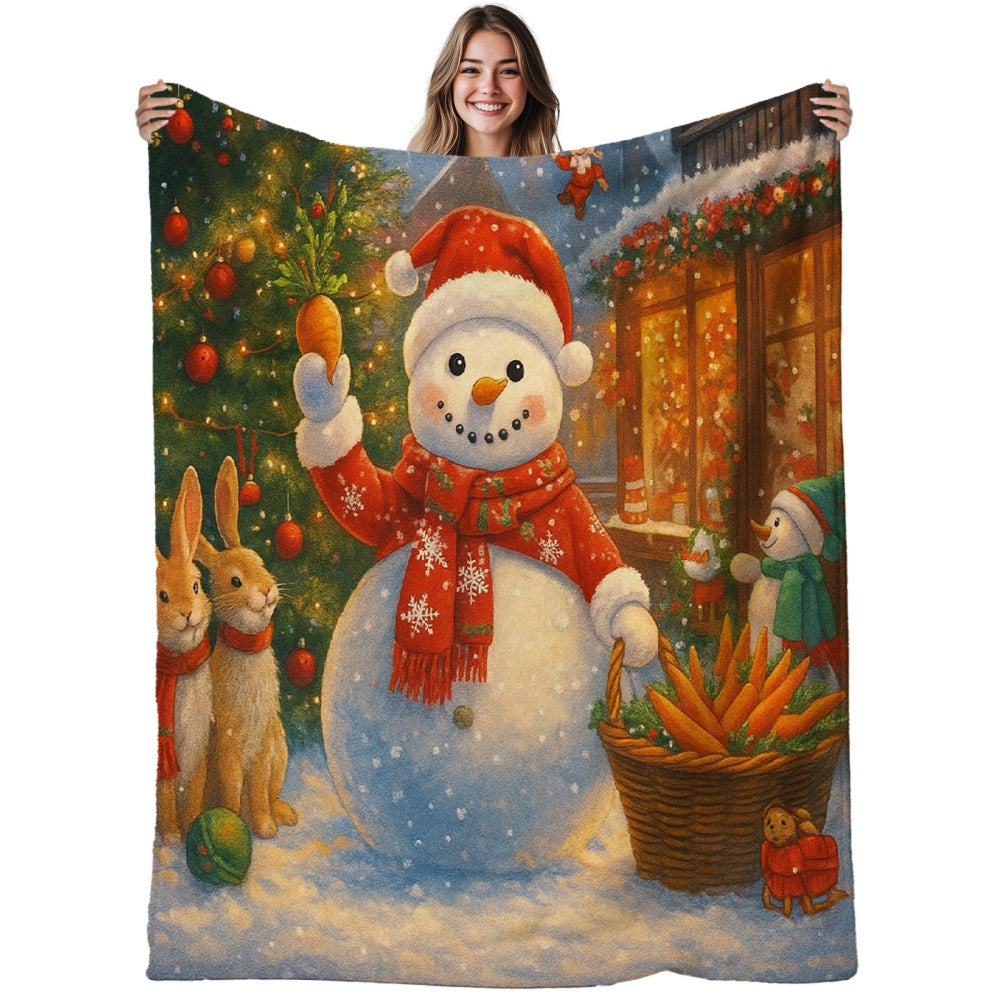 1pc of Flannel Blanket Featuring a Snowman Holding a Carrot and a Christmas Tree, Designed in a Warm Reddish-brown Tone. This Durable, Plush Throw Provides Warmth and Is Suitable for Reading Time, Weekend Naps on the Sofa, and Seasonal Home Use